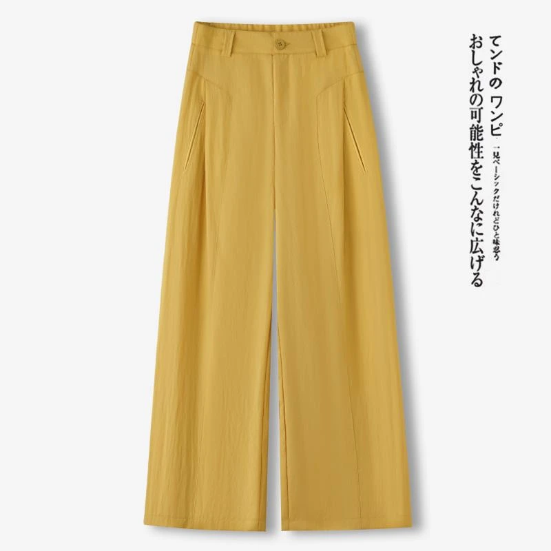 天丝亚麻八分裤女2025夏季流行新款黄色透气棉麻薄款阔腿休闲裤子