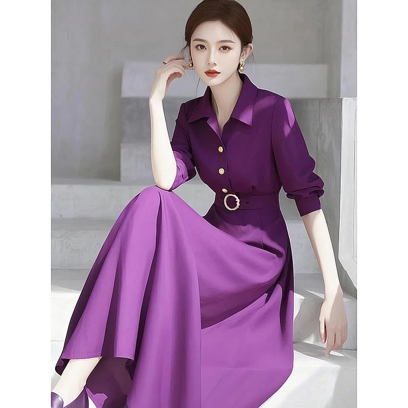 出席重要场合的穿搭紫色衬衫连衣裙2025新款女春知识分子绝美裙子