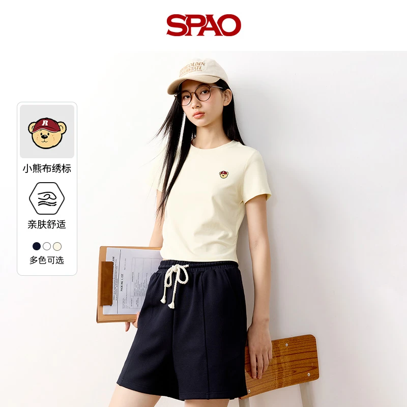 SPAO韩国同款小熊女装短袖设计感百搭修身褶皱收腰圆领正肩T恤DZ