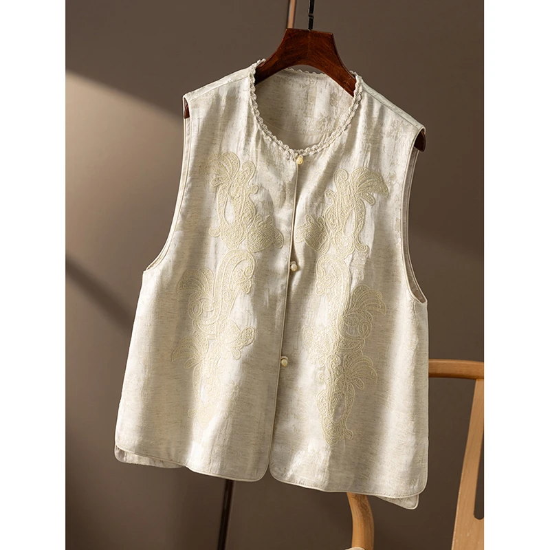 春天家 轻奢素雅 新中式 刺绣提花圆领棉+亚麻马甲外套女2Z13 特