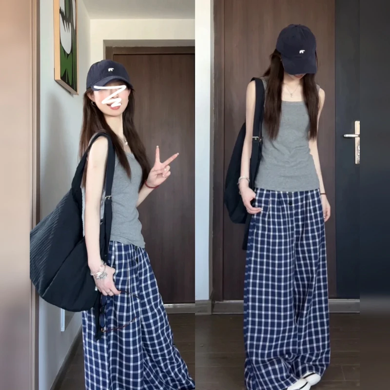 4621复古蓝色格子休闲裤女夏新款薄款高腰垂感直筒拖地阔腿长裤秋