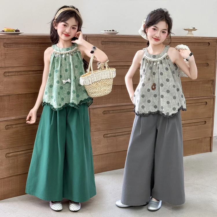 女童2025夏季新款儿童小清新洋气波点无袖挂脖棉布阔腿裤两件套