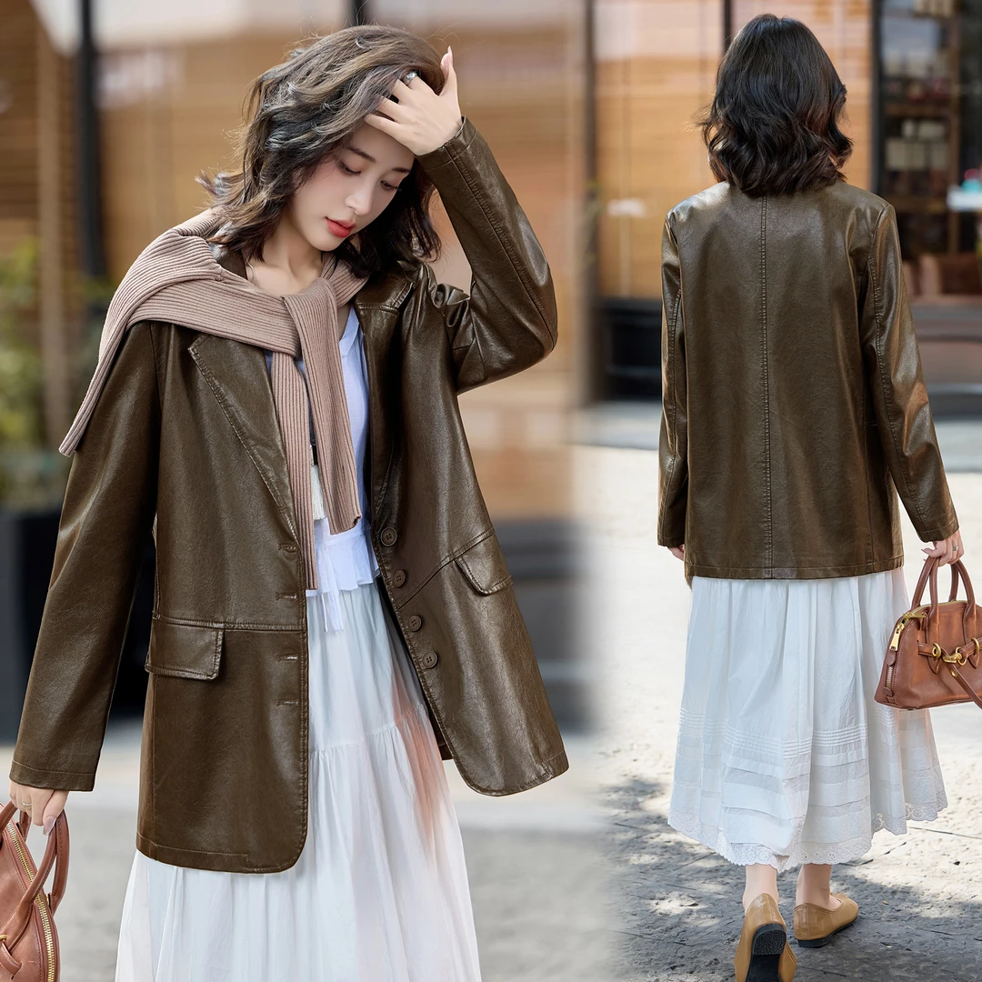 西装领皮衣外套女士2025春秋季新款中长款pu皮夹克正肩高级感上衣