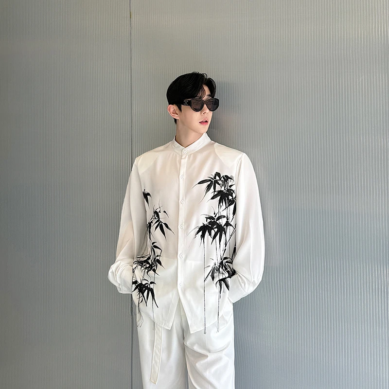 H2169新中式竹叶印花刺绣流苏装饰衬衫时尚潮流穿搭造型设计上衣