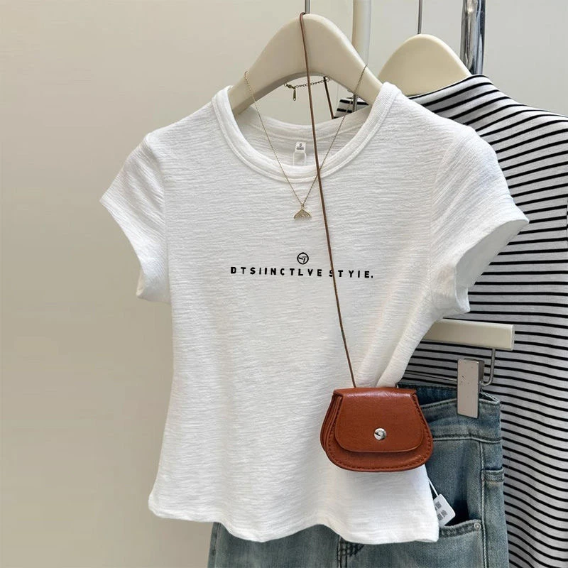 竹节棉洋气简约印花短袖T恤女夏季圆领2025新款高腰短款白色上衣