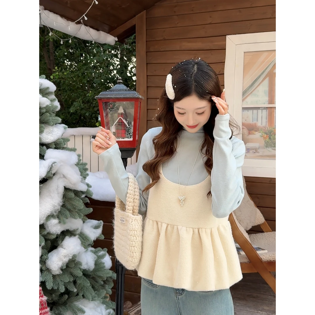 【毛呢甜心②】东大门韩版百搭气质花苞叠穿外搭毛呢吊带马甲4379