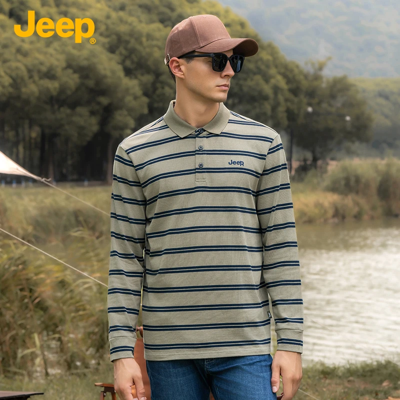 JEEP/吉普春秋新款纯棉男士百搭舒适条纹翻领POLO衫163