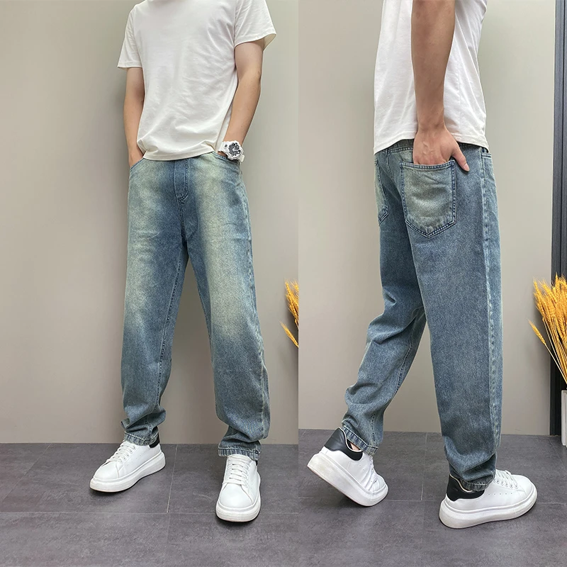 夏季阔脚牛仔裤宽松直筒男士长裤松紧腰工装老爹裤潮流百搭哈伦裤