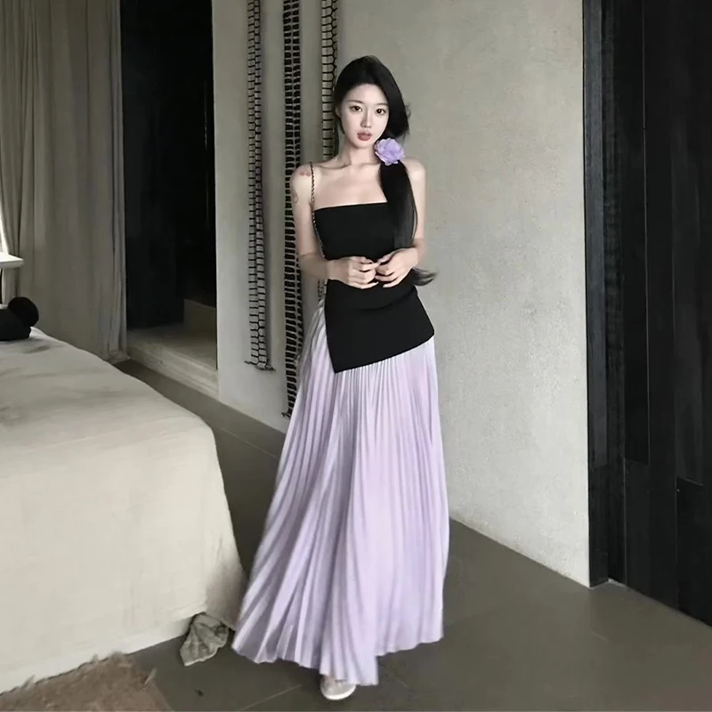 夏装搭配一整套高级感冷淡风御姐一字肩上衣紫色半身裙两件套装女