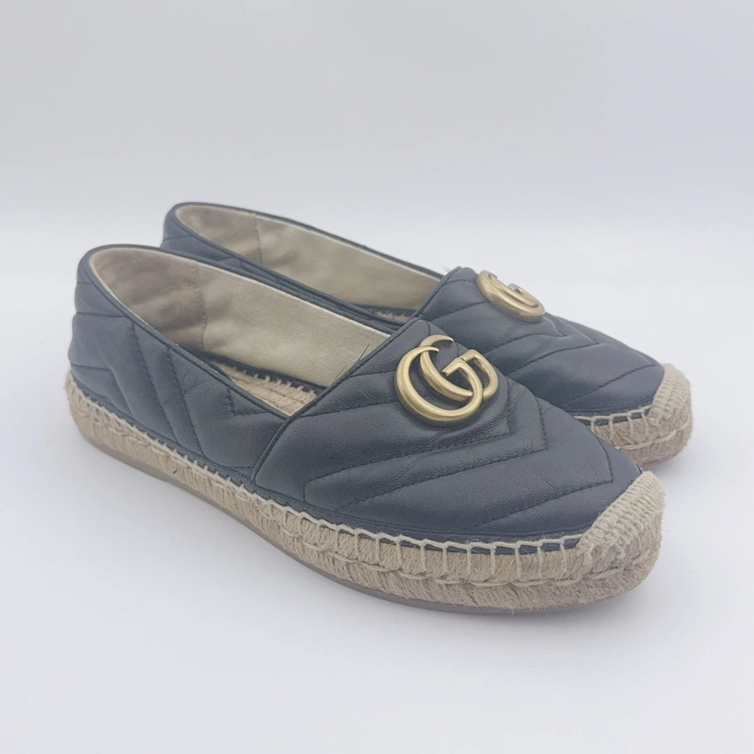 95新 GUCCI/古驰 36码/金典黑色双G马蒙渔夫鞋