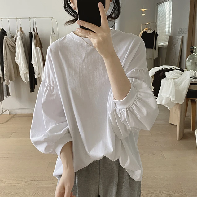 早秋薄款宽松圆领九分灯笼纯棉T恤衫纯色减龄休闲百搭基础款上衣
