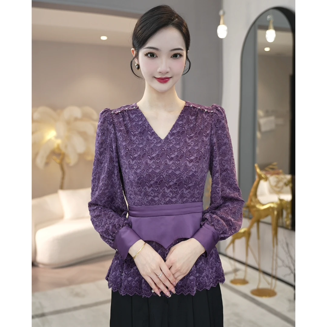 唐熹预售2025春秋新款【DD-C877】轻奢宽松紫色植绒蕾丝衬衫上衣女