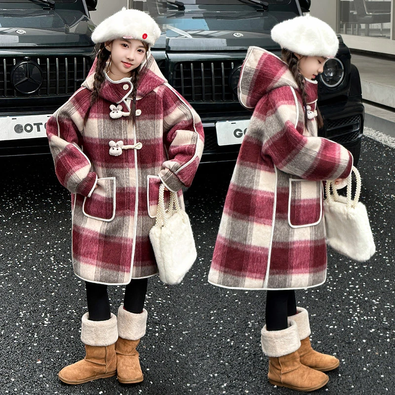 女童秋冬款加绒外套2025新款洋气大儿童冬季加厚呢子大衣中长款潮