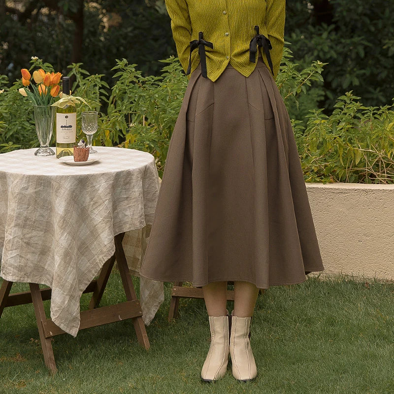 LY咖色半身裙女秋冬高腰中长款伞裙