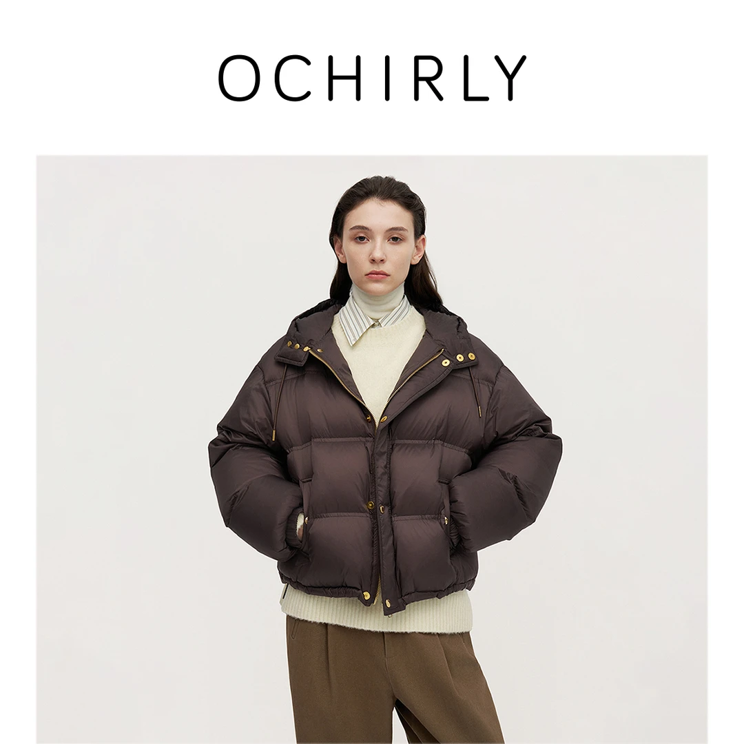 ochirly美拉蓝连帽羽绒短外套女宽松保暖时尚秋冬