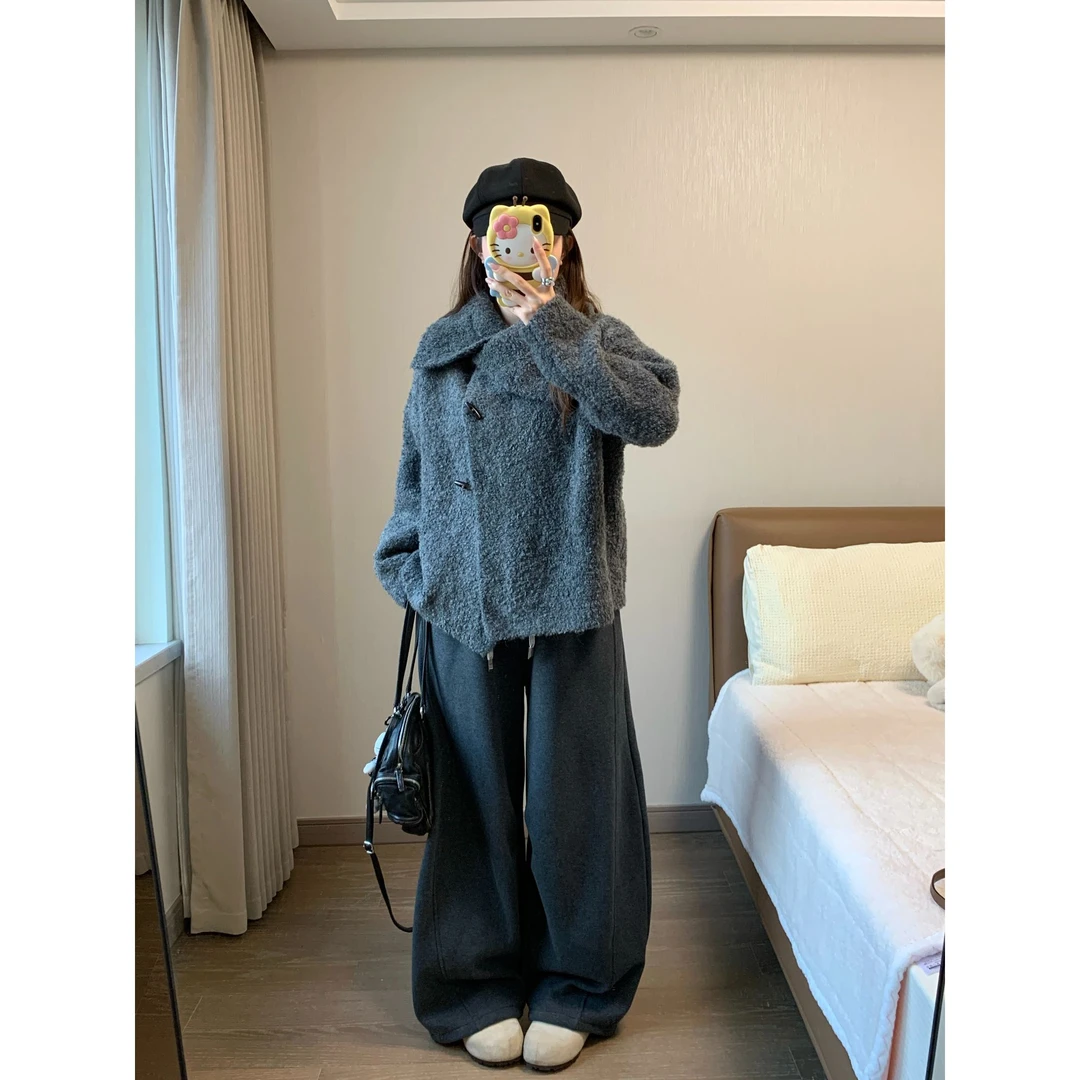 小沈美眉微胖梨形显瘦抽绳松紧腰纯色卫裤秋冬加绒阔腿休闲裤子女