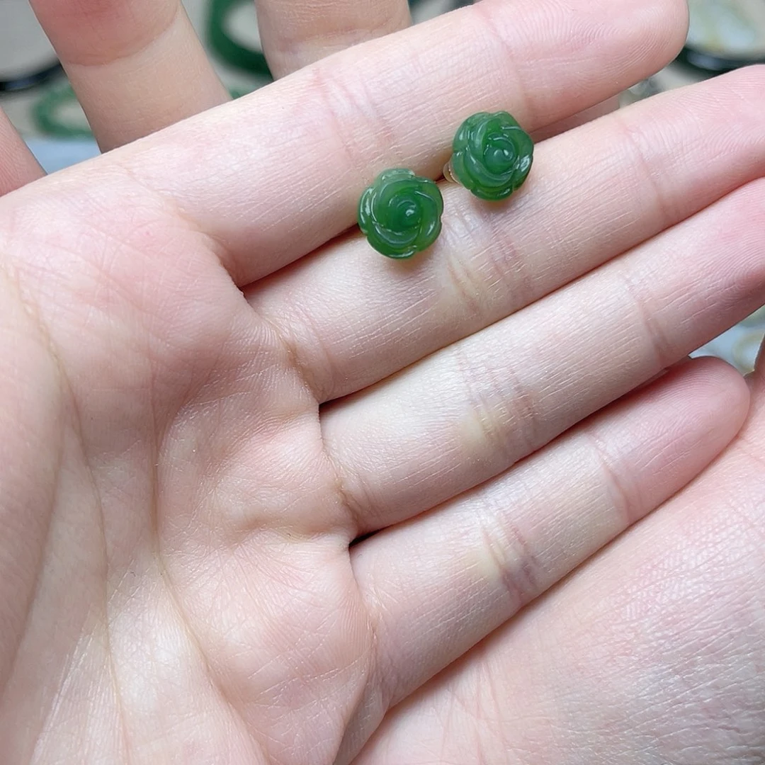 和田玉耳钉06银S925镶嵌