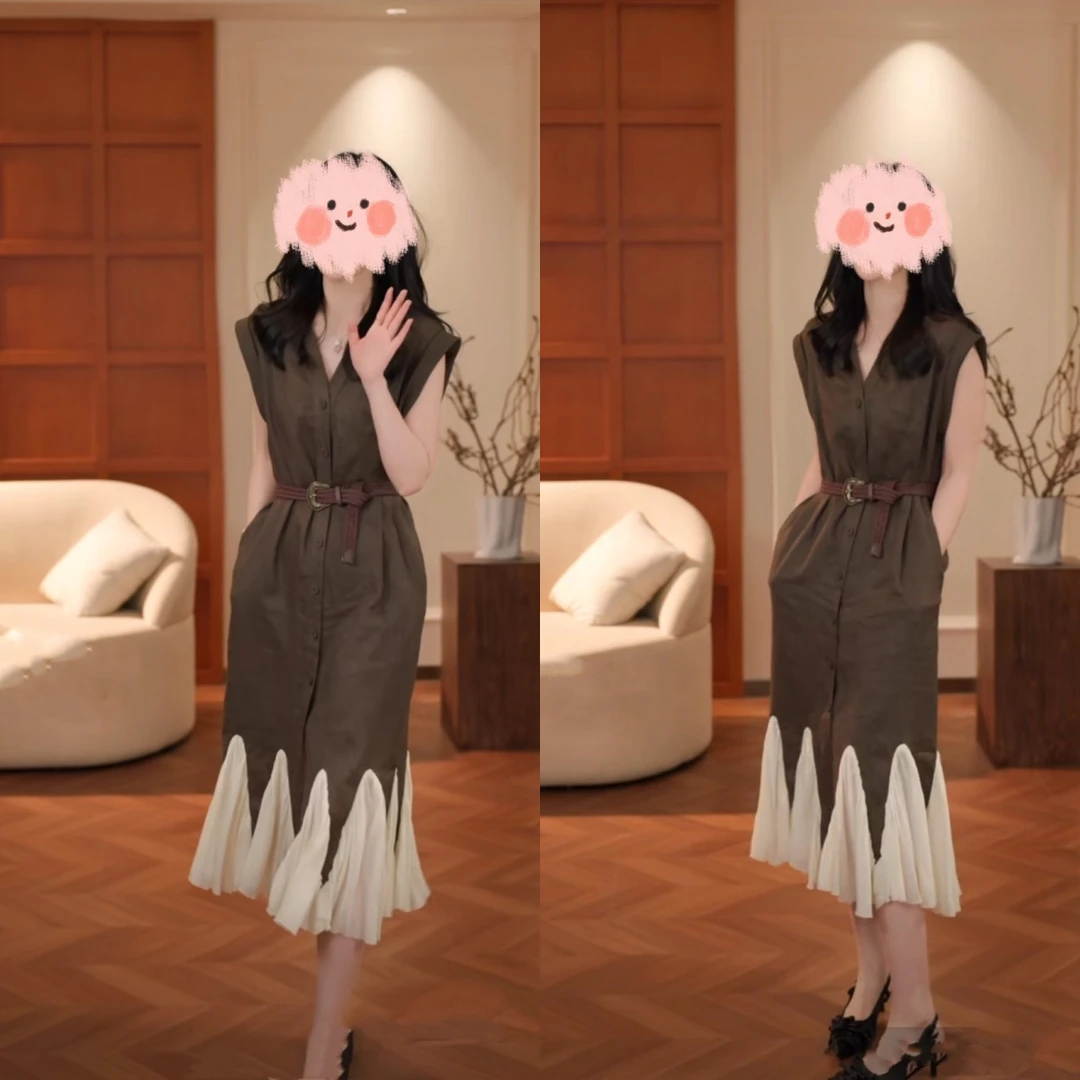 2025夏季新款轻奢欧若风百搭设计感亚麻气质百搭拼接显瘦连衣裙