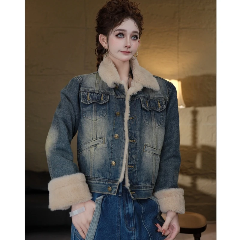 冬季小香风加绒牛仔外套气质复古水洗牛仔短外套