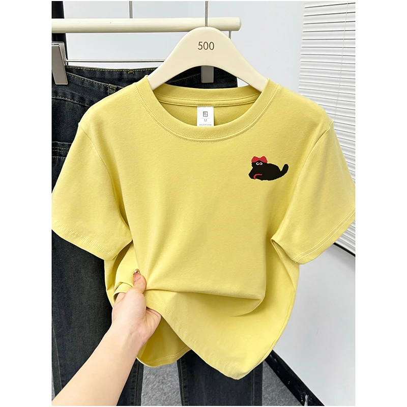 2025新款正肩圆领t恤女短袖时尚百搭洋气印花显瘦上衣打底衫夏季