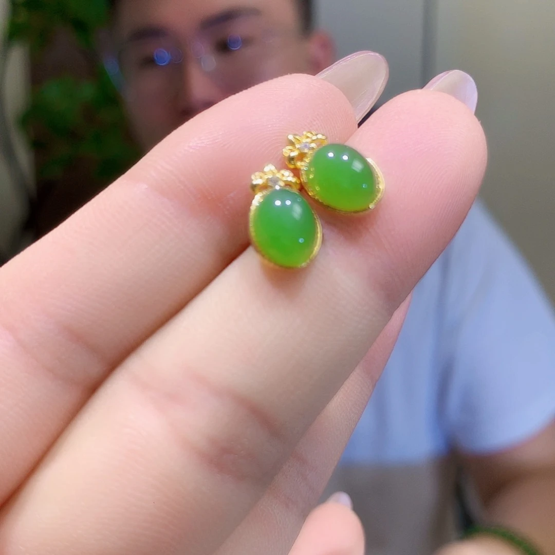 和田玉（碧玉）银S925镀金镶嵌耳饰