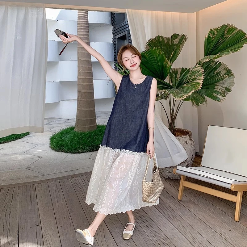 UQS法式蕾丝拼接无袖连衣裙2025新款夏季度假风宽松显瘦A字连衣裙