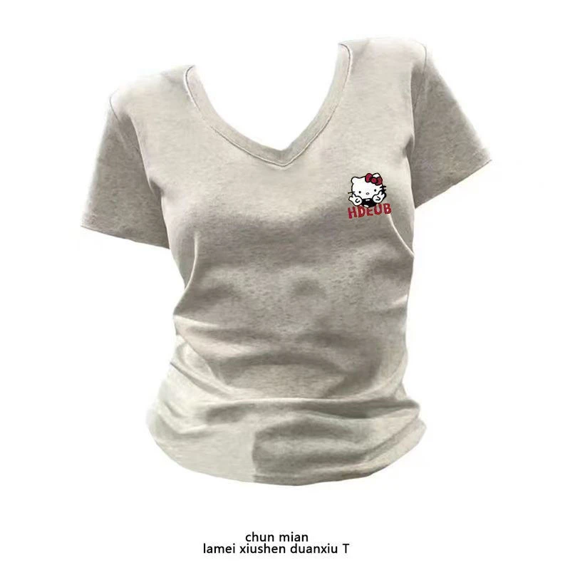 基础款V领2025新款显瘦凯蒂猫印花正肩短袖T恤女上衣学生百搭