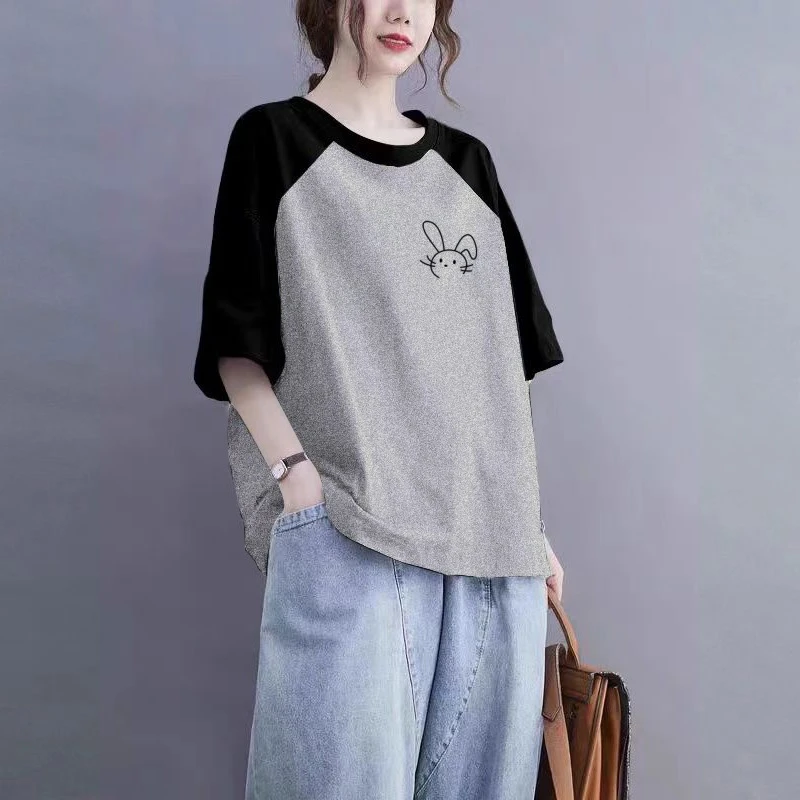 100%棉插肩袖短袖T恤女夏大码200斤宽松显瘦休闲百搭减龄时尚上衣