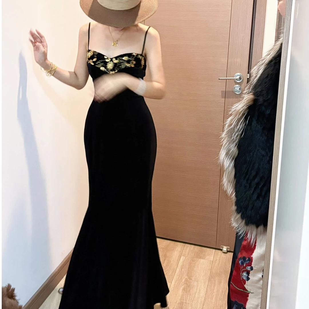 画报夫人原创自制中式弹力赫本钉珠刺绣鱼尾裙步步生莲