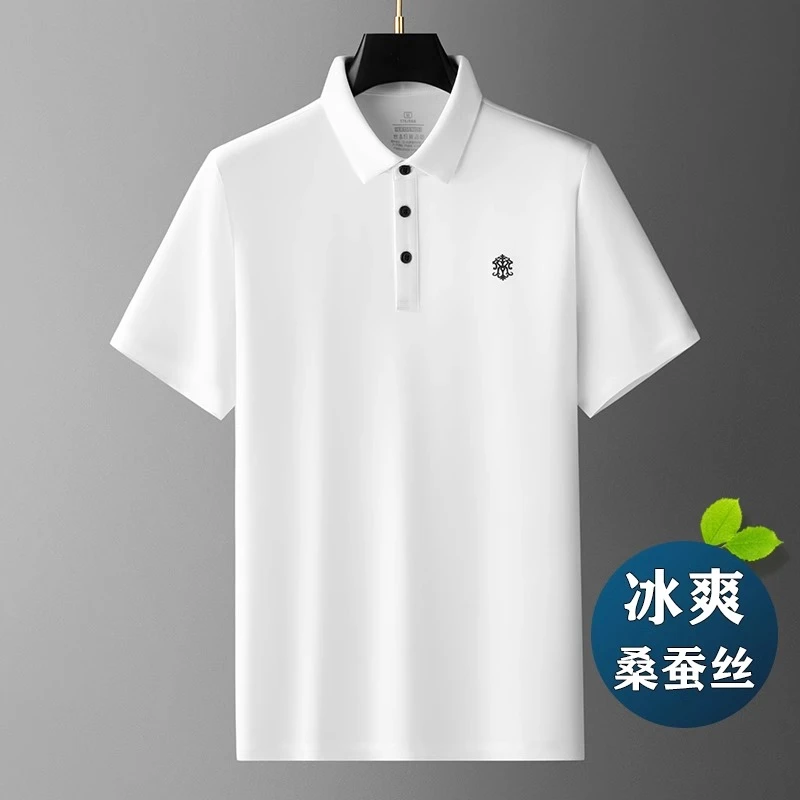 蒂斯派尔-桑蚕丝短袖t恤男夏季翻领白色polo衫商务休闲冰丝半袖