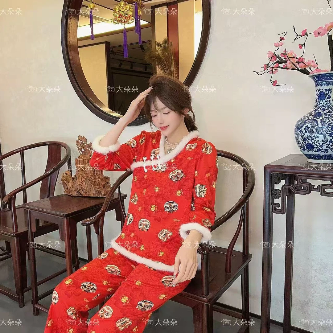 国潮新年款套装7分袖醒狮网红加厚秋冬国风碎花喜庆睡衣家居服