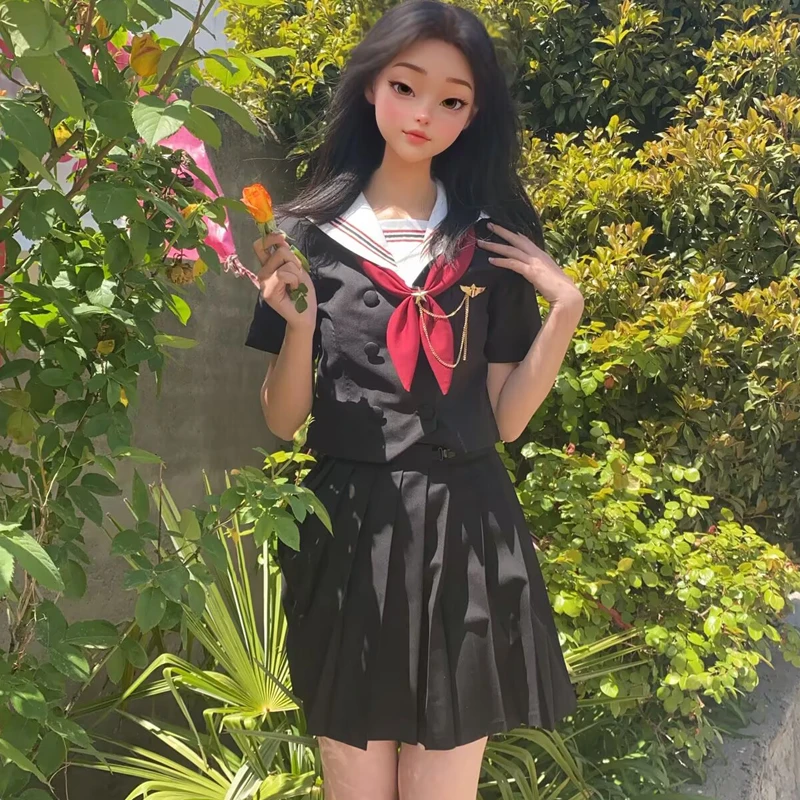 正统原创玄赤三本基础款jk制服女日系收腰公主线水手服百褶裙套装