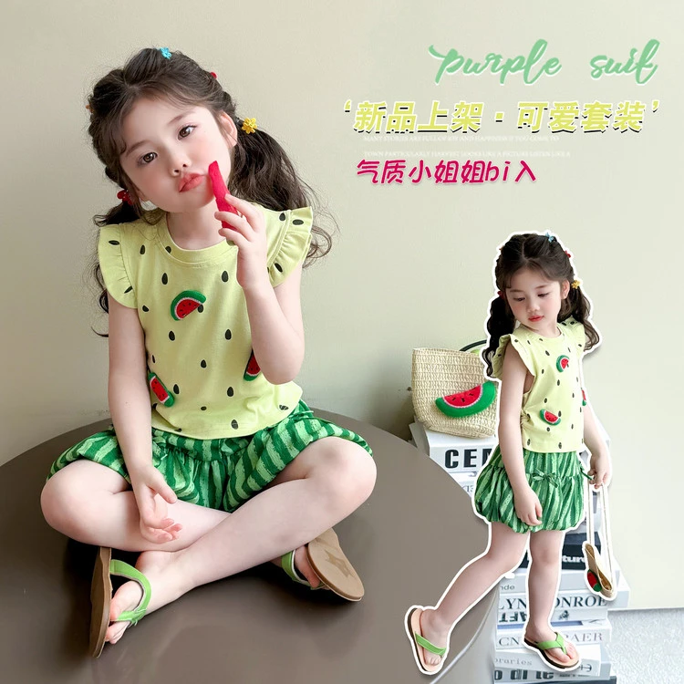 2025年波点水果蔬菜套头薄款女夏季套装小女孩洋气韩版卡通