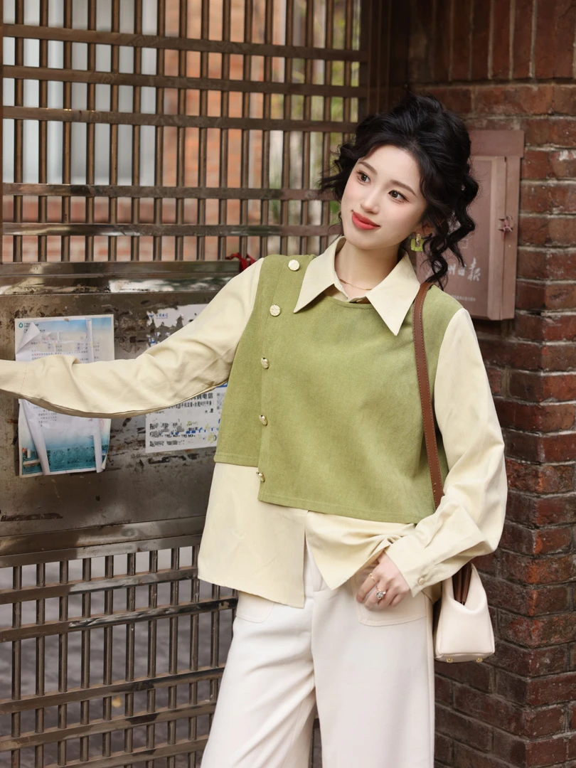 琦琦【花开半夏】港风复古纯色长袖衬衫宽松百搭上衣YK0725040