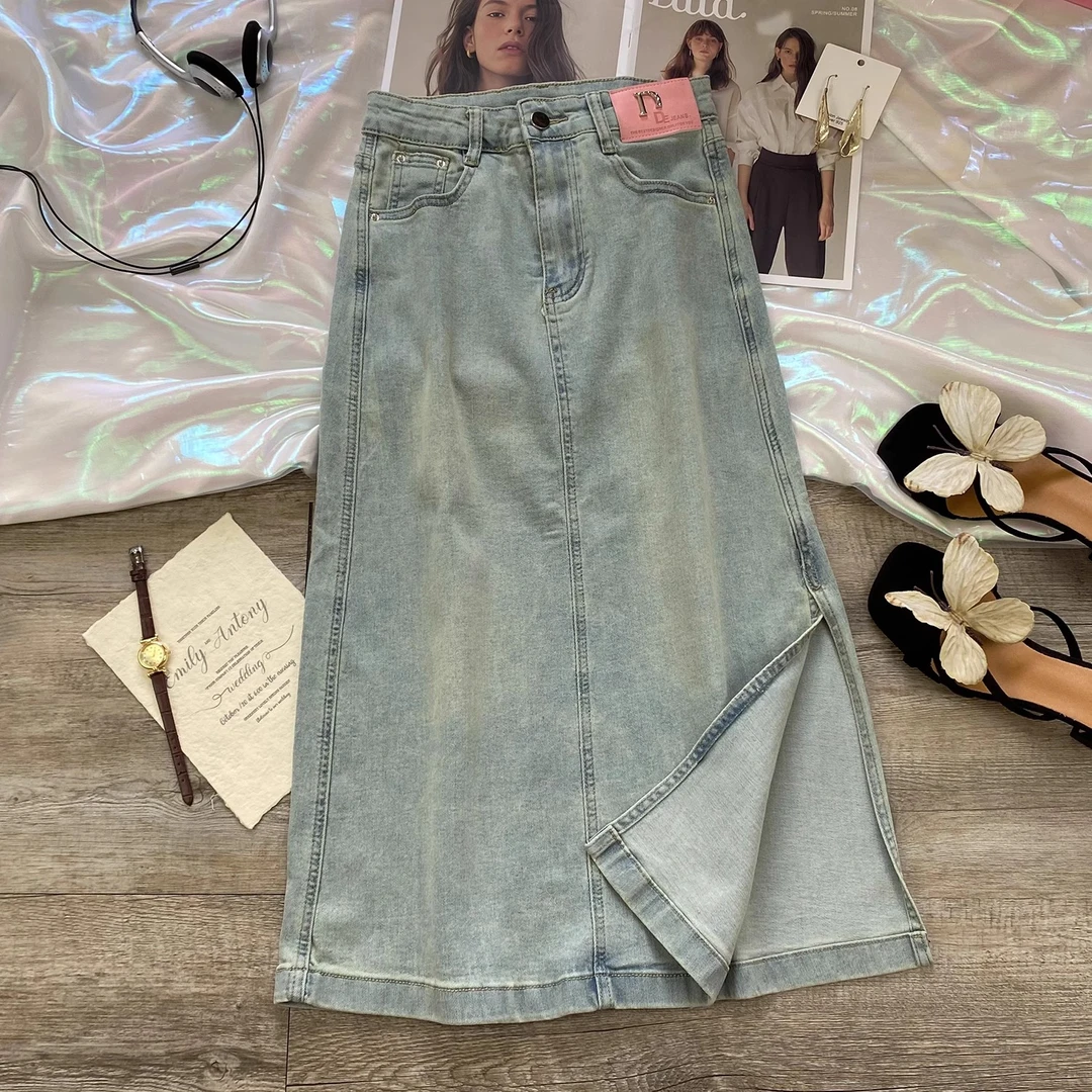 开叉牛仔半身裙女2025秋季薄款浅色高腰显瘦a字小个子包臀中长款