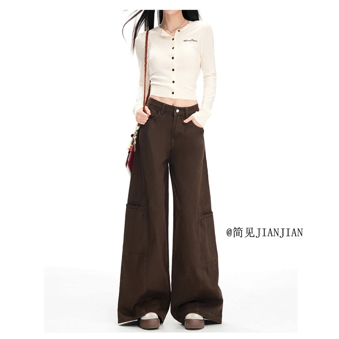 新秋美式复古琥珀色阔腿牛仔裤女设计感宽松多口袋工装裤拖地长裤