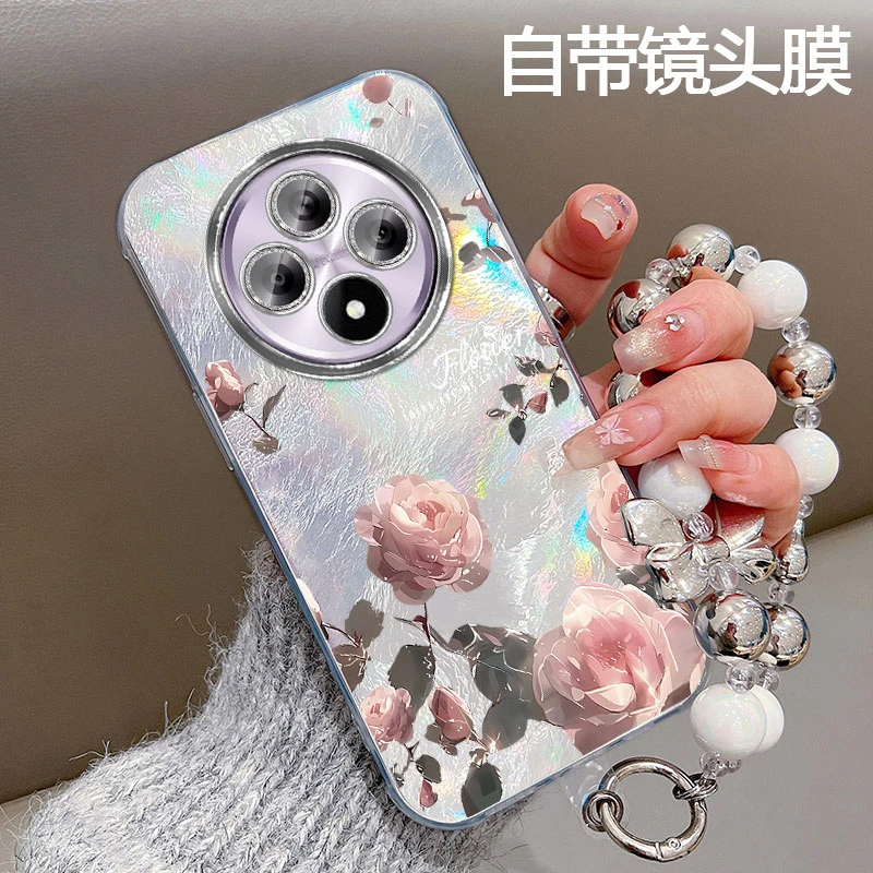 复古玫瑰花适用vivoy300pro手机壳女款y300硅胶自带镜头膜带手链