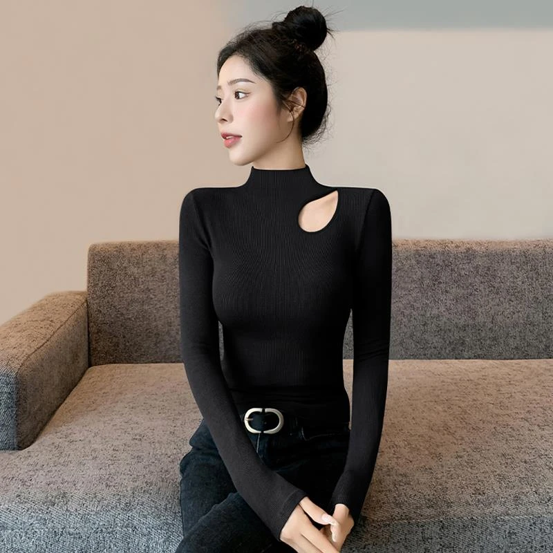 黑色镂空针织半高领打底衫女2024新款春秋内搭修身浅灰色针织开衫