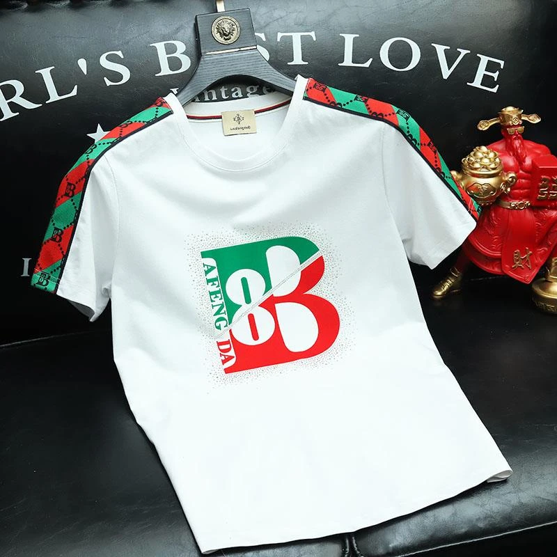 欧洲站短袖T恤男高品质青年字母印花丝光棉修身圆领半袖小衫夏季