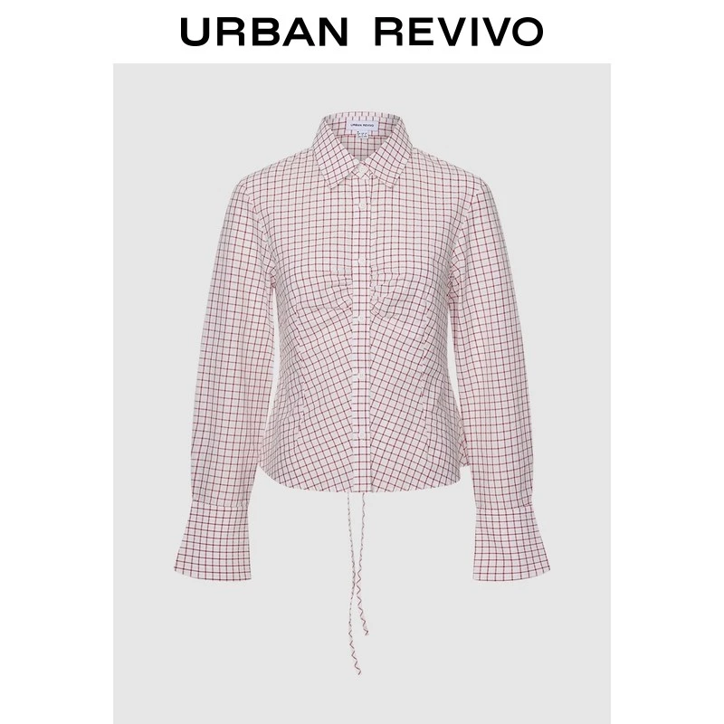 UR2026春季新款女装休闲撞色格纹系带棉质开襟衬衫UYY260009