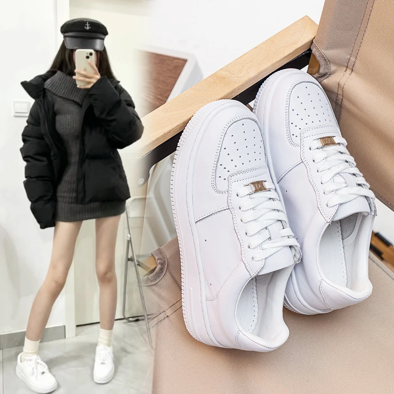 头层牛皮小白鞋女鞋情侣秋冬厚底透气运动休闲板鞋空军男