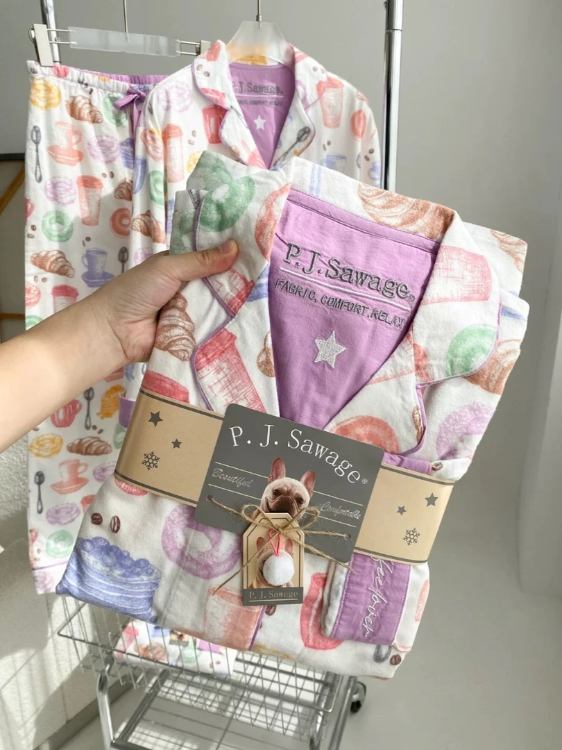包邮～出口PJS秋冬保暖柔软加厚磨毛棉月子家居服长袖长裤套装女