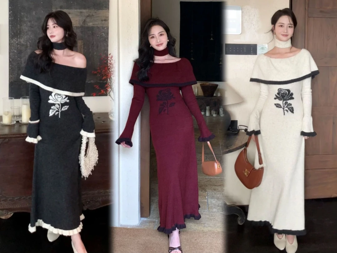 【妮妮专属】秋冬针织大圆领围脖花朵毛衣连衣裙喇叭袖收腰A型裙