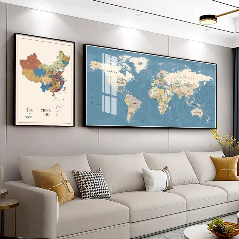 世界地图轻奢装饰画沙发背景墙壁画办公室书房儿童房定制中国挂画