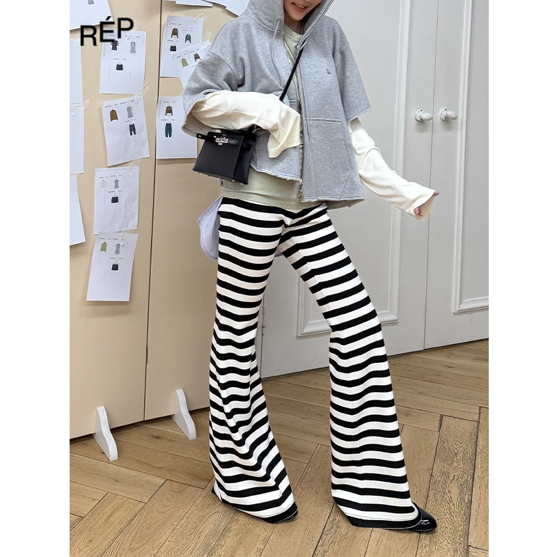【7折】REP-PUSHBUTTON设计师品牌黑白条纹修身微喇长裤（特价NO退）