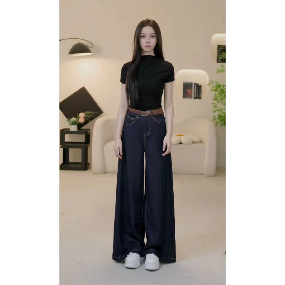 挺缘深色阔腿牛仔裤女2025年春秋新款高腰宽松显瘦直筒拖地裤9976