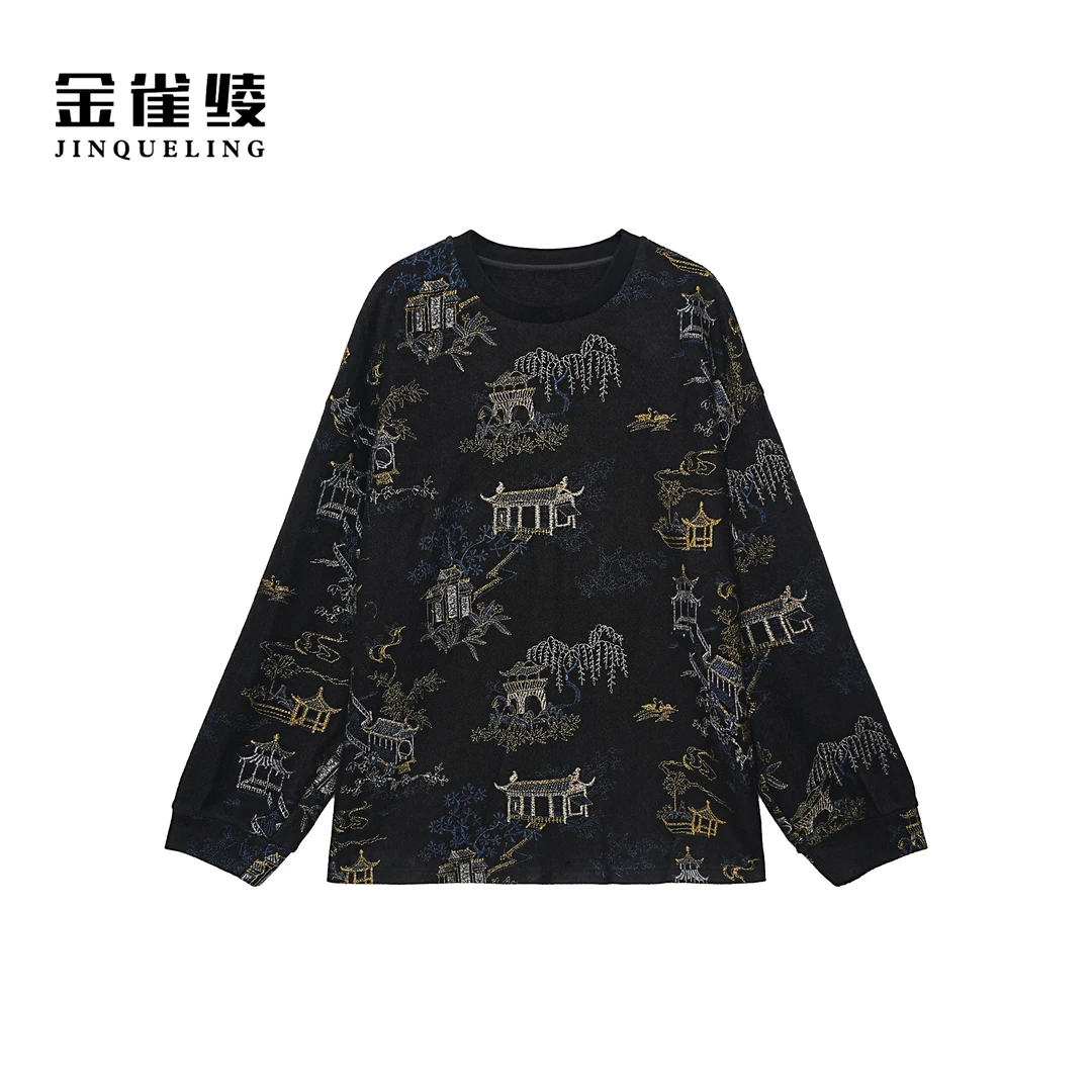 金雀绫【山水亭台】设计师刺绣款保暖潮流加宽加大卫衣SZA1SW833