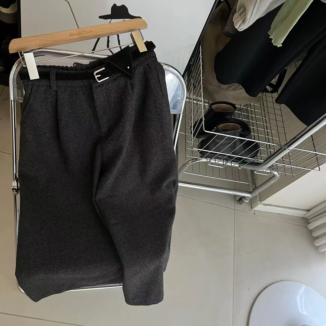 高定 羊毛混纺 八分阔腿羊毛呢休闲裤