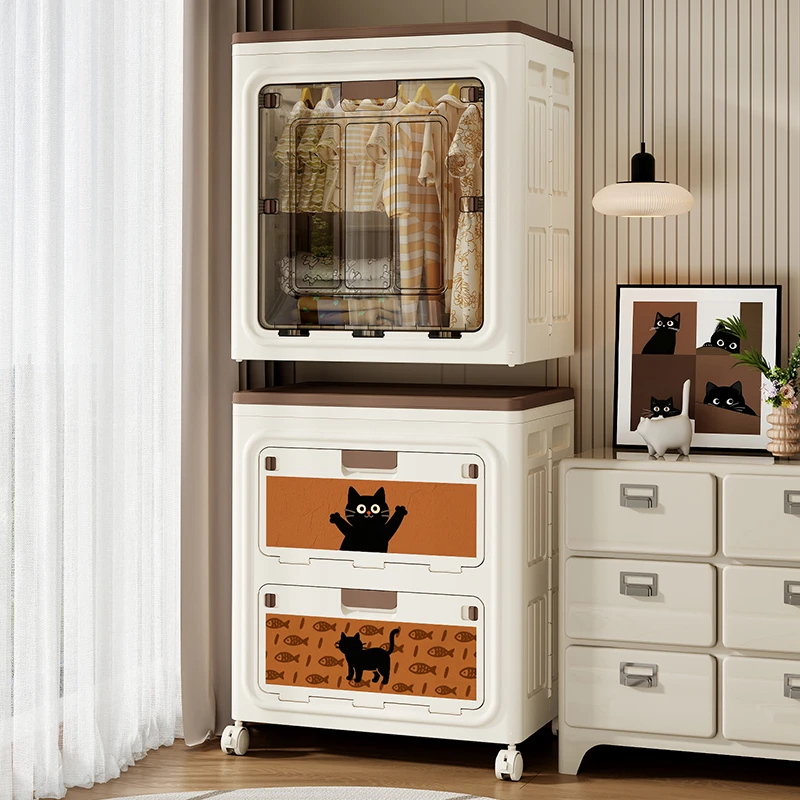 卡通衣物折叠收纳箱大容量可叠加翻盖儿童衣柜被子整理收纳柜带轮