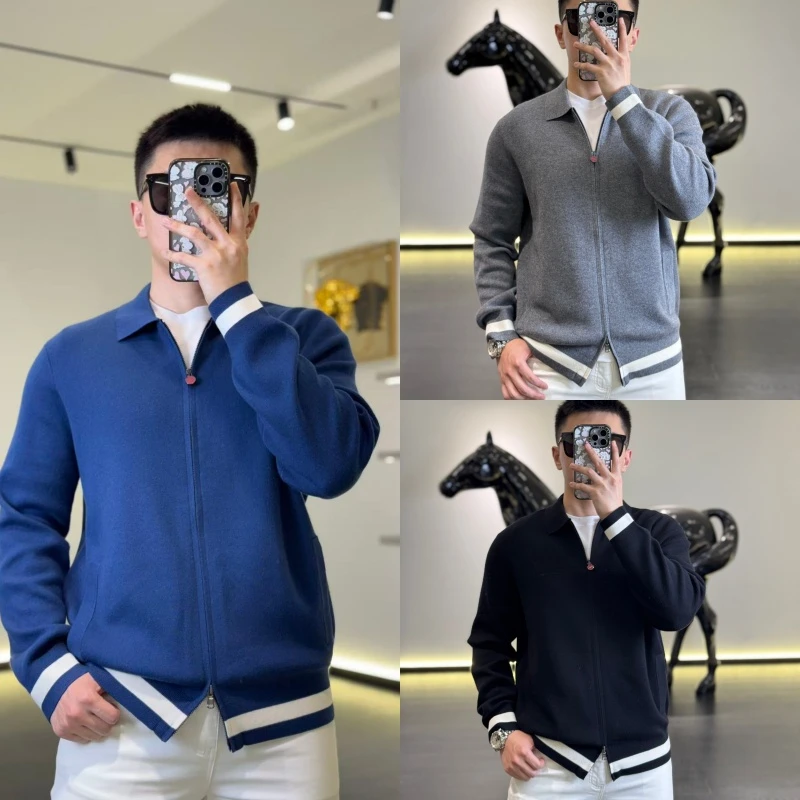 （秋冬款）古帝特尼羊毛简约定制条纹男士拉链休闲翻领针织衫Z-3636